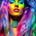 Vibrant digital portrait: woman with pink and purple hair, blue eyeshadow, abstract geometric