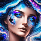 Vibrant cosmic-themed portrait of a woman with stars and nebula patterns