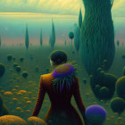 Elaborately suited figure gazes at alien landscape with towering spires under amber sky