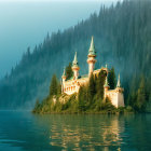 Ornate castle in misty setting with autumn trees by tranquil lake