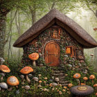 Fantastical forest scene with mushroom-shaped house, colorful plants, stairs, butterflies