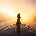 Woman in glowing dress strolls beach at sunset with flying birds.