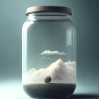 Surreal glass jar with snowy mountain peak under cosmic sky