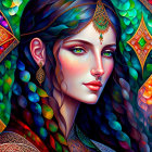 Digital artwork: Woman with green skin, cosmic flora, jewels, glowing leaves