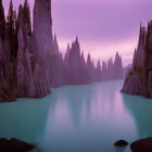 Colorful fantasy landscape with purple mountains and a calm lake