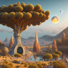 Surreal landscape with giant tree and moons in sky
