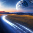 Futuristic desert landscape with convoy under starlit sky