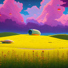 Futuristic sci-fi landscape with green hills, pink sky, flying vehicles, and figure in spaces