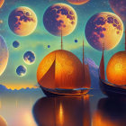 Fantastical scene: Ornate ships on calm water under multiple moons and dreamy sky