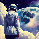 Illustration of astronaut in vibrant space vista with spaceships, planets, and nebulous clouds