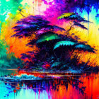 Colorful digital artwork: fantastical landscape with vibrant trees, serene lake, and surreal sky