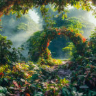 Verdant rainforest with misty foliage through natural leaf archway