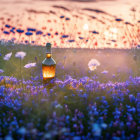 Purple Field with Orange Flower at Sunset and Blurred Floral Background