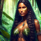 Futuristic cyberpunk-inspired woman with neon body enhancements in vibrant jungle setting