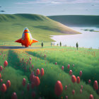 Animated landscape with yellow tractor, red plants, and harvesting robots