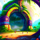 Colorful Jungle Gateway Illustration with Figures on Golden Pathway