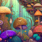 Vibrant fantastical forest with oversized luminescent mushrooms