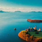 Surreal landscape with blue sea, green hills, castle, and floating object