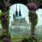 Gothic stone arches overlooking misty cathedral and lush greenery with purple flowers.