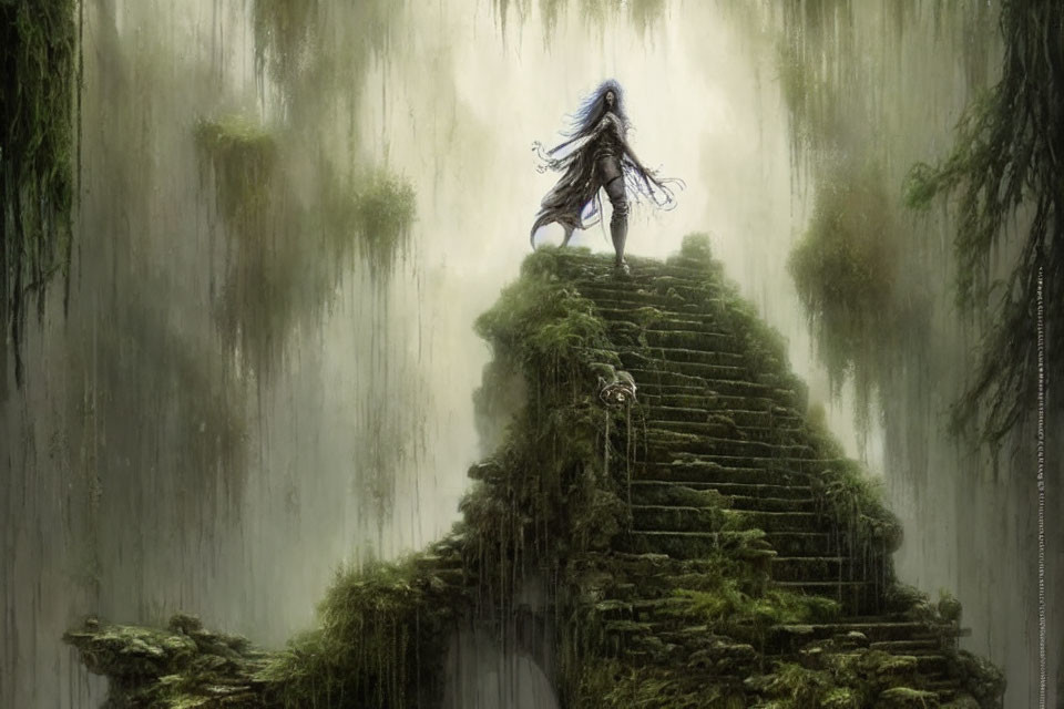 Long-Haired Figure on Moss-Covered Stairway in Ethereal Forest