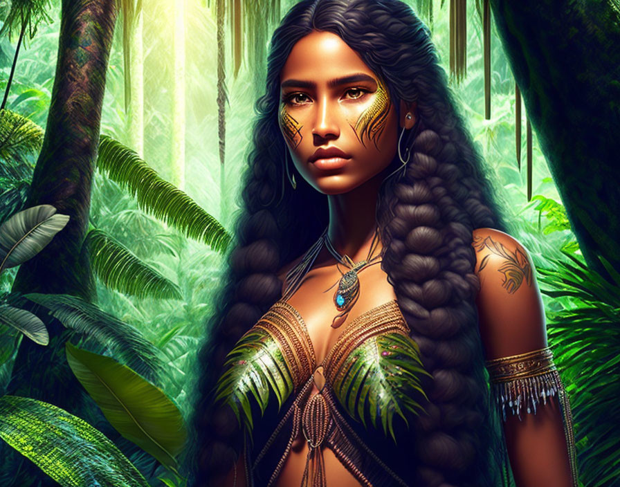 Digital art portrait of woman with tribal tattoos and gold adornments in lush jungle.