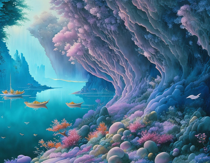 Colorful Fantasy Landscape with Purple Trees, Coral Formations, Light, Boats, and Airborne