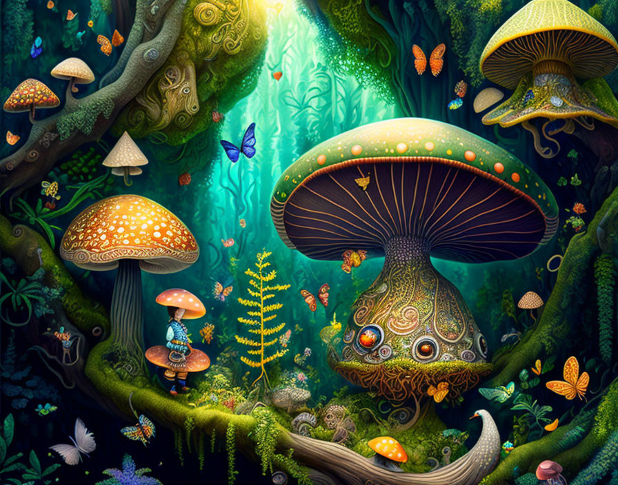 Enchanted forest with luminescent mushrooms, diverse foliage, and fluttering butterflies