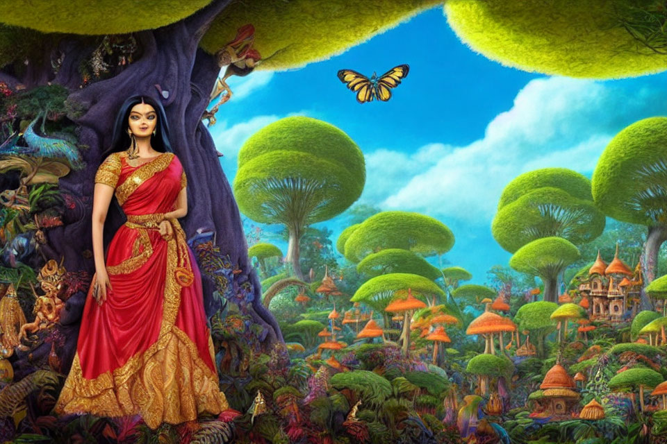 Woman in red sari in colorful, fantastical forest with animals and butterfly