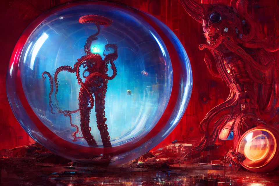 Surreal artwork featuring giant bubble and robotic elements