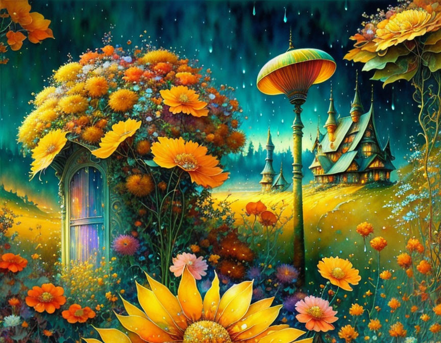 Colorful fantasy painting: flowers, mushroom houses, starry night sky