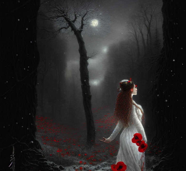 Woman in white with red flower crown in moonlit misty forest among red flowers and glowing light