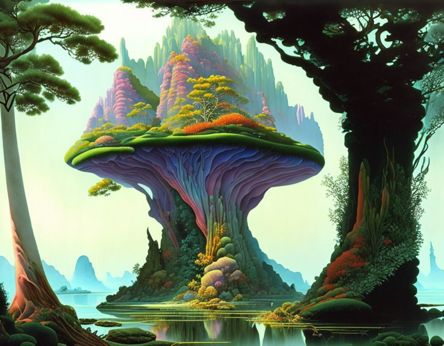 Fantastical landscape with towering mushroom structure, lush vegetation, water, and distant mountains