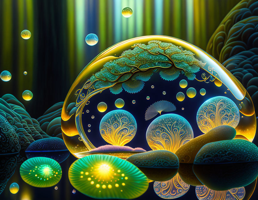 Colorful digital artwork: Glowing orbs, intricate patterns, dark background