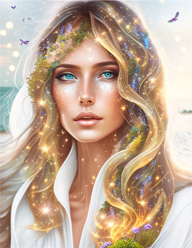 Portrait of woman with sparkles, flowers, and light in flowing hair