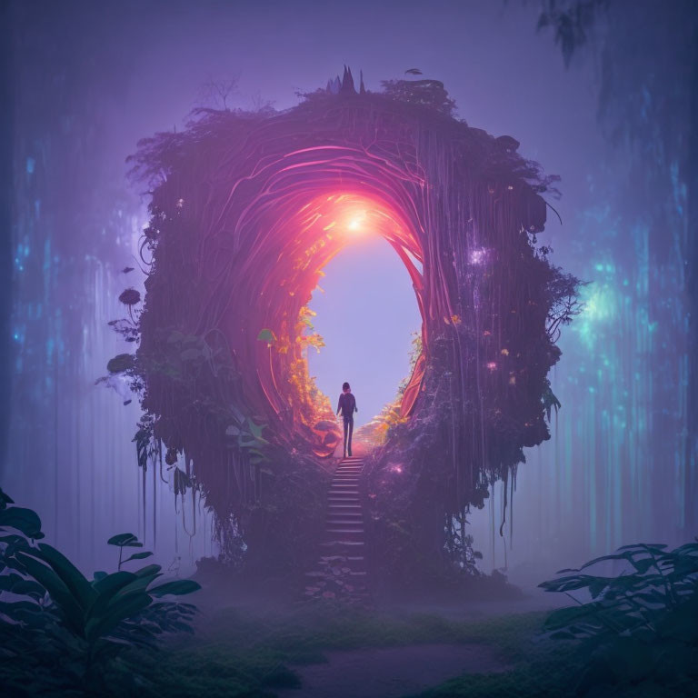 Person standing at mystical glowing archway in misty forest at dusk