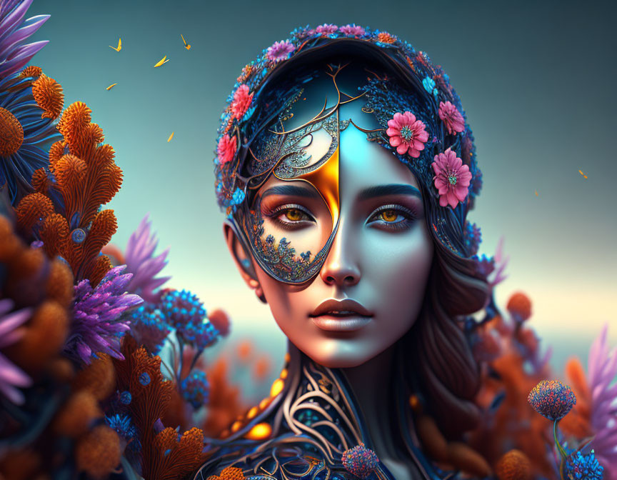 Woman with dual nature theme blending flora and metalwork in vibrant orange and purple.