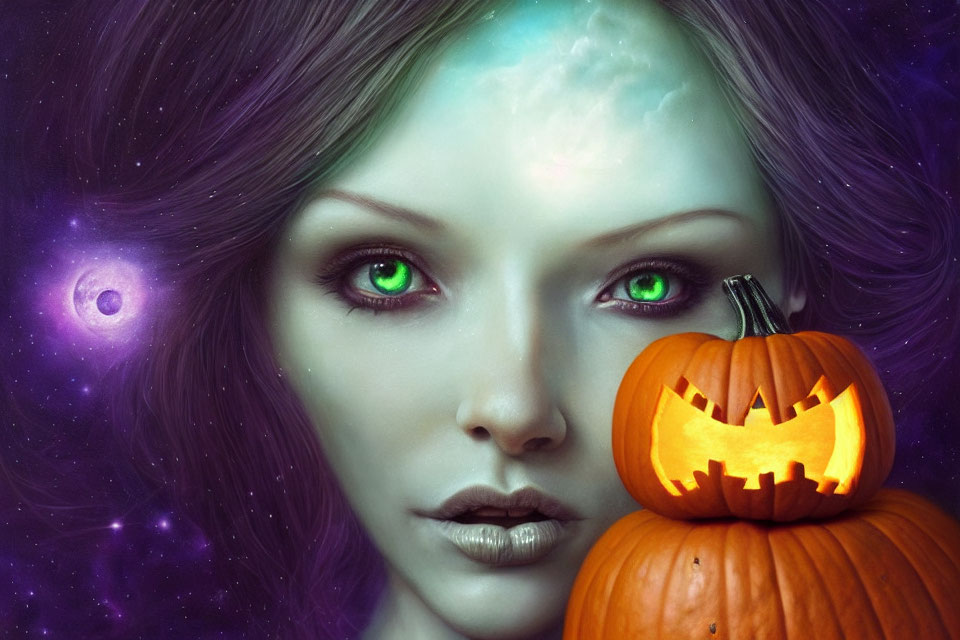 Mystical purple woman with green eyes holding jack-o'-lantern in cosmic setting