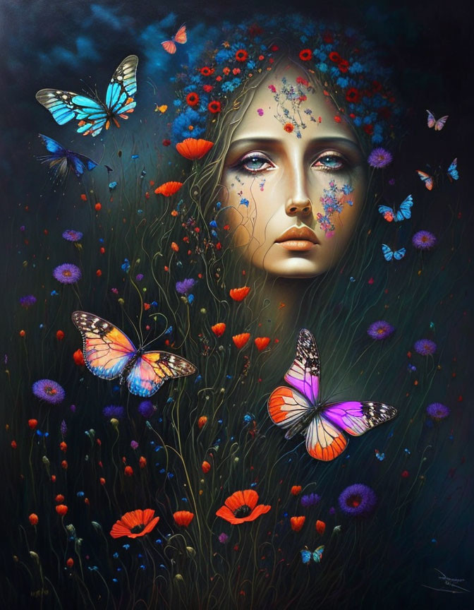 Surreal portrait: Woman's face in dark meadow with butterflies & red flowers