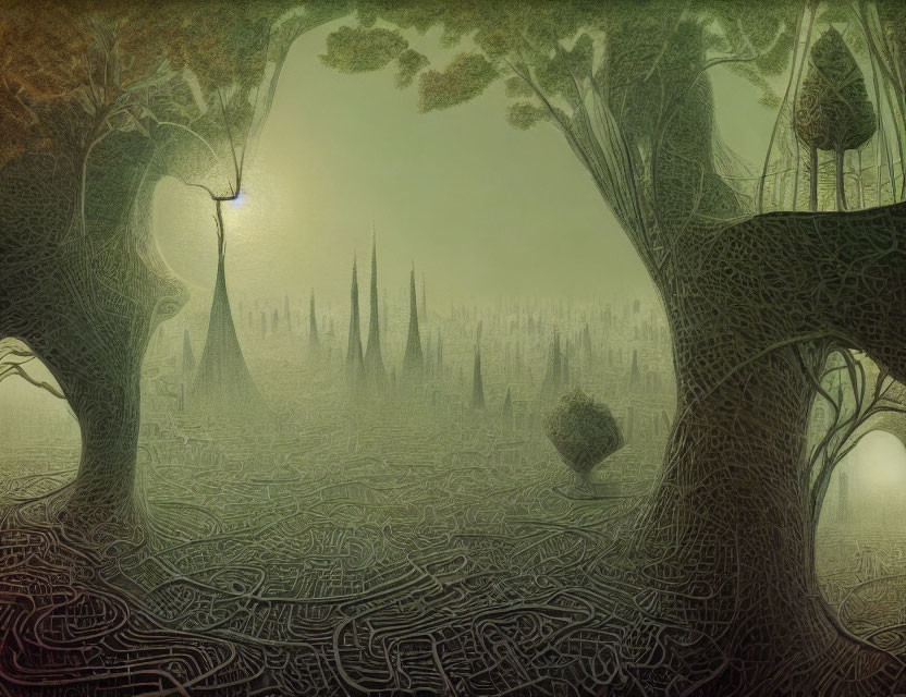 Mystical forest with elaborate trees and distant spire-filled city under greenish sky