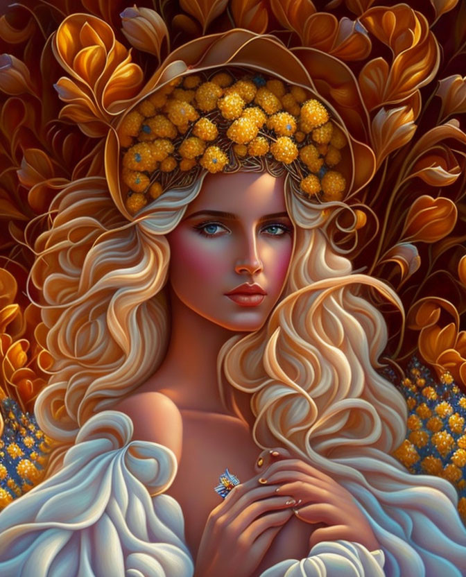 Portrait of woman with blonde hair, wreath of yellow berries, surrounded by golden leaves.