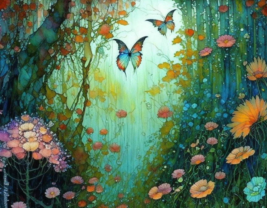 Colorful whimsical forest painting with flowers and butterflies in soft light