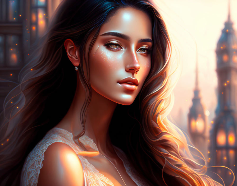 Illustrated portrait of woman with flowing hair and glowing skin in cityscape setting