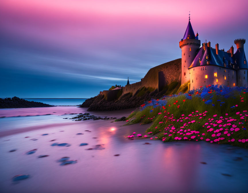 Twilight fairytale castle by serene river with spires and colorful flowers