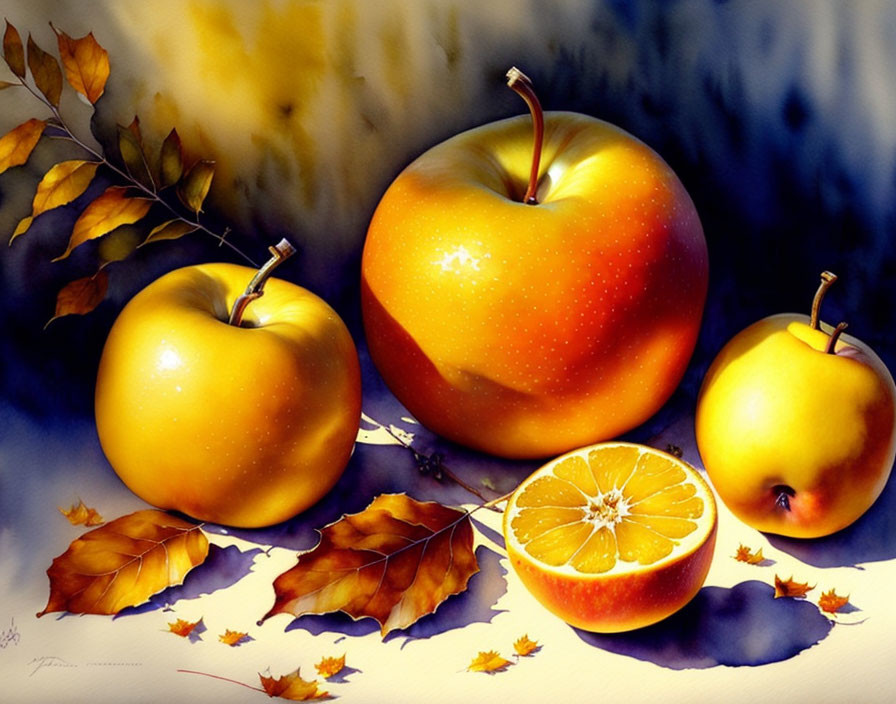 Still-life painting with apples, orange, and autumn leaves on shadowed background