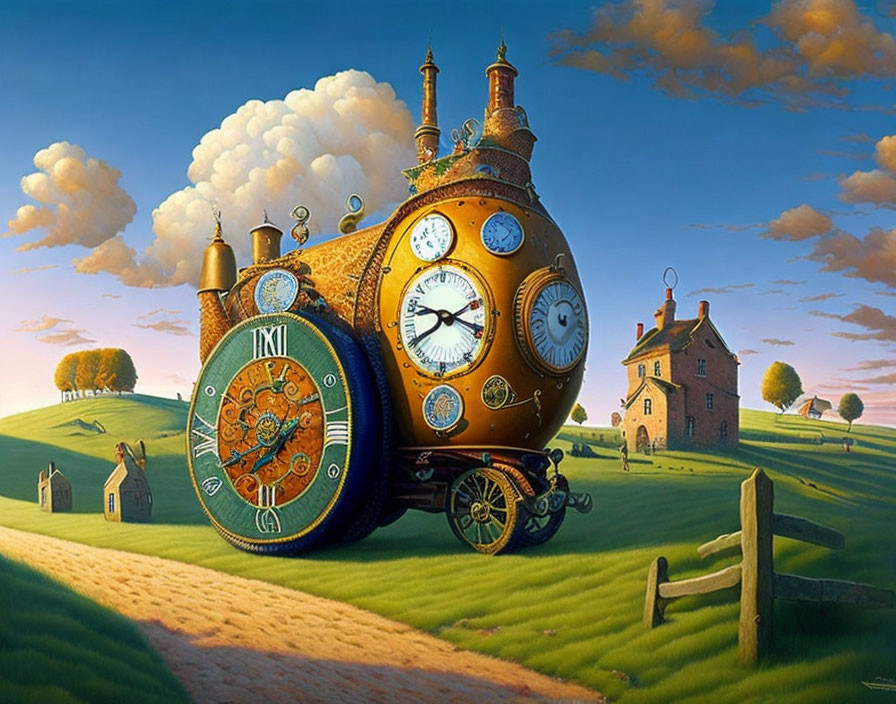 Whimsical painting of ornate clock on wheels in countryside