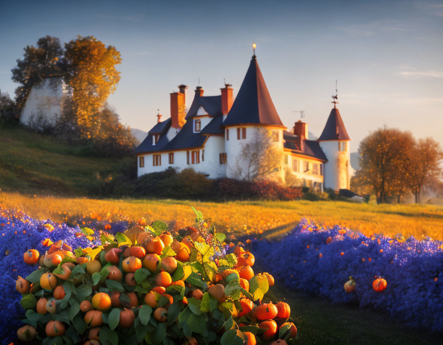 Castle with Pointed Roofs, Sunset Sky, Blue Flowers, Orange Fruit, Greenery