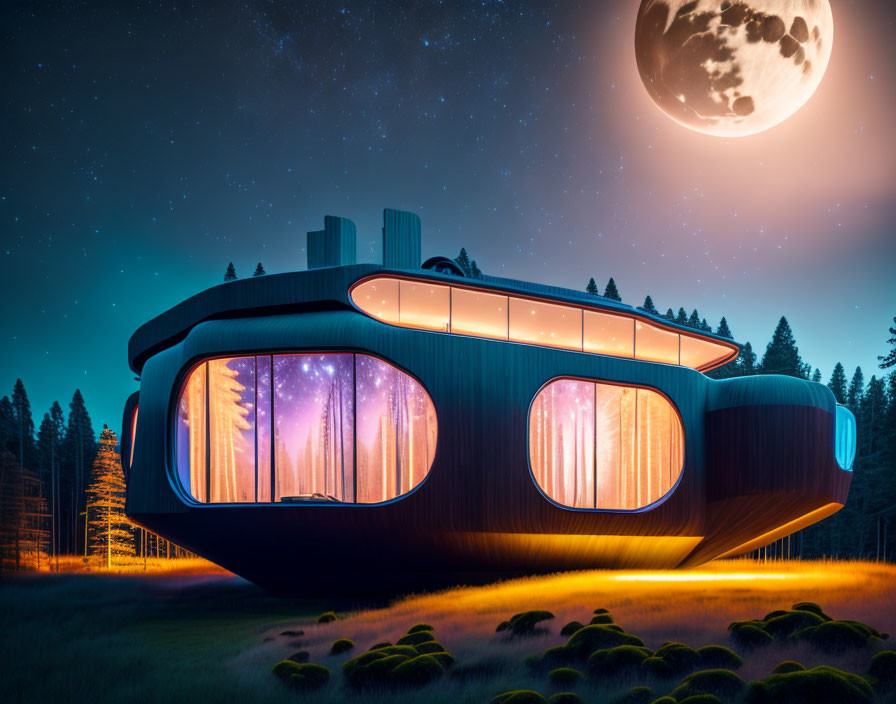 Modern house with large windows in forest under starry sky