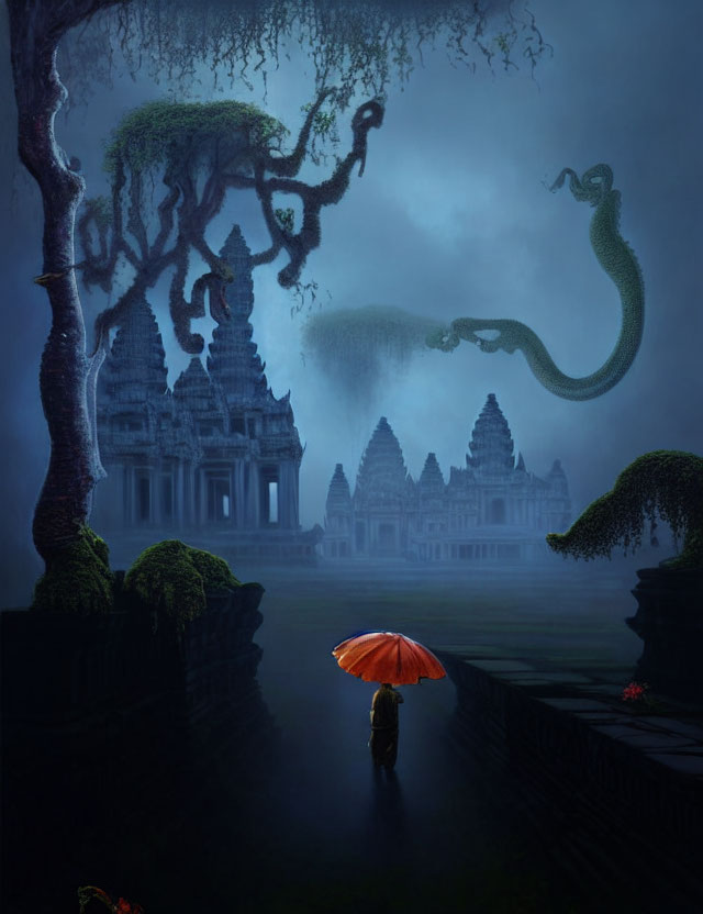 Person with red umbrella at misty ancient temple with green serpent.