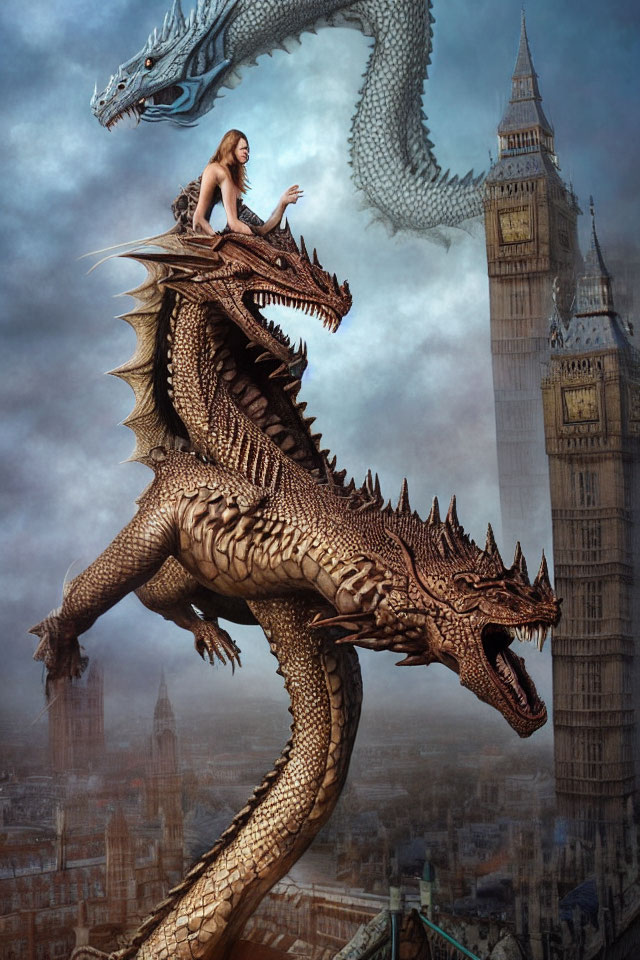 Dragon rider with Big Ben in stormy sky