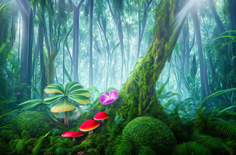 Vibrant forest scene: green moss, red mushrooms, purple butterfly, filtered sunlight